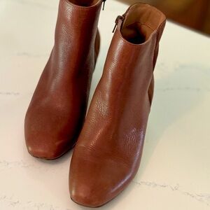 Brown leather and suede booties with wedge heel, size 8.5 women’s